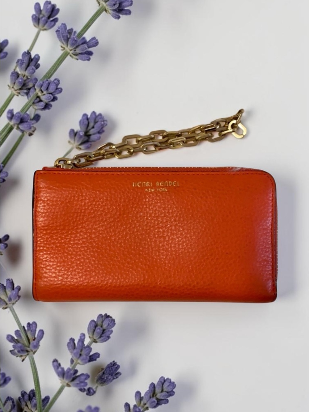 henri bendel Orange Pebbled Leather Wristlet with Gold Chain